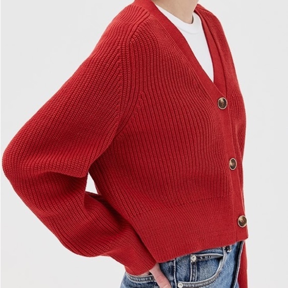 Reformation Jessa Cotton V Neck Button Knit Cardigan Sweater Red Sundried Tomato - Picture 4 of 9
